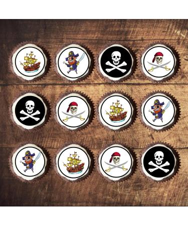 PRECUT Pirate Edible Cupcake Toppers - Pirates Theme Premium Thickness SWEETENED VANILLA - wafer card disc cake decorations (24) - Buy Online on GoSupps.com