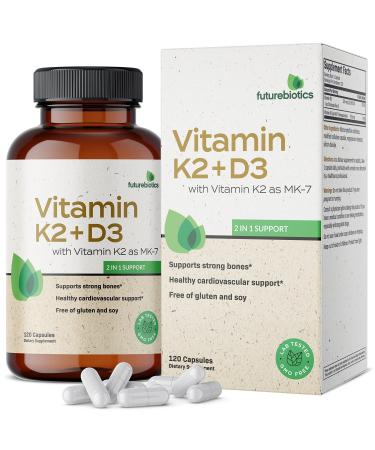 Futurebiotics Vitamin K2 (MK7) with D3 Supplement - Non-GMO Formula - 5000 IU Vitamin D3 & 90 mcg Vitamin K2 MK-7 120 Vegetarian Capsules 120 Count (Pack of 1)