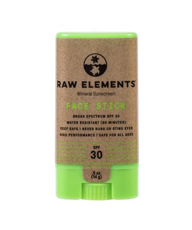 Raw Elements Face Stick All-Natural Mineral Sunscreen | Non-Nano Zinc Oxide  95% Organic  Very Water Resistant  Reef Safe  Non-GMO  Cruelty Free  SPF 30+  All Ages Safe  Moisturizing  0.5oz 0.5 Ounce (Pack of 1) Raw