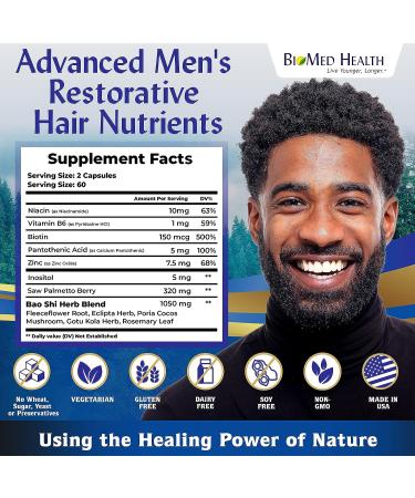BioMed Health Hair Growth Vitamins for Men 120ct - Saw Palmetto DHT Blocker with Biotin | Advanced Restorative Hair Nutrients for Regrowth and Anti-Gray Hair - Buy Online on GoSupps.com