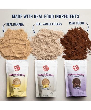 P.S. Snacks Instant Pudding & Baking Mix - Variety Pack (Vanilla Bean, Chocolate, Banana Cream) | Plant Based, Gluten Free, Dairy Free, Vegan | 70% Less Sugar | 4.9 oz (Pack of 3) - Buy Online on GoSupps.com