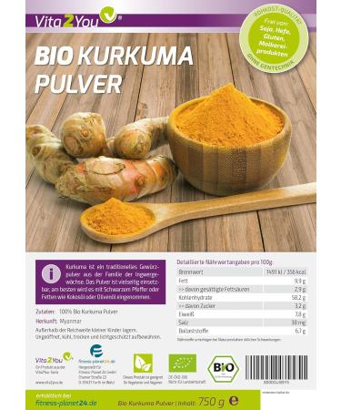 Vita2you Turmeric Powder 750g | Bio High Curcumin 3-5% Raw Food Quality Natural Curcuma | Premium Laboratory Tested Turmeric - Buy Online on GoSupps.com