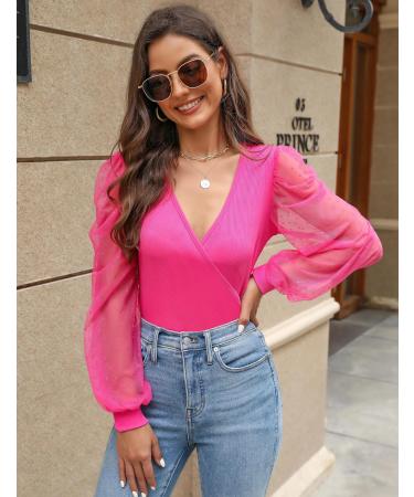 Fayenne Womens Tops Deep V Neck Cross Wrap Sexy Tops Polka Dot Mesh Long Sleeve T Shirt Casual Blouses XL Hot Pink - Buy Online on GoSupps.com