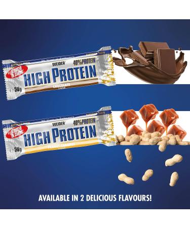 Weider 40% Protein Low Carb Bar (24 x 50g) Peanut-Caramel Flavour. Chocolate Coated Bar with High Protein-Reduced Carb Content. Muscle Building & Maintenance Support. Ideal Before or After Training PEANUT-CARAMEL 24x50g - Buy Online on GoSupps.com
