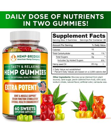 Hempbridge Hemp Gummies - 2 Pack - USA Made Omega 3 Supplement for Pain Relief - 60 Count Gummies with Vitamins B & E - Max Value Formula - Buy Online on GoSupps.com