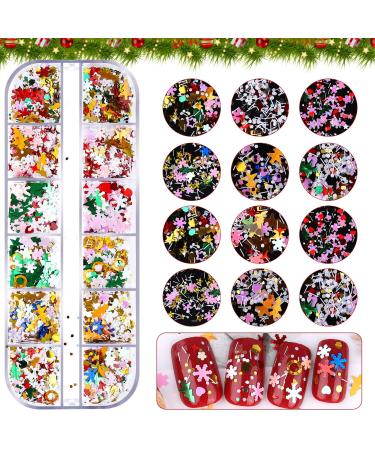 EBANKU 12 Colors Christmas Snowflakes Holographic Glitter Nail Sequins 3D Laser Snowflakes Flakes Nail Glitter Snowflake Christmas Iridescent Nail Sequins for DIY Nail Art Decoration (Snowflake E)