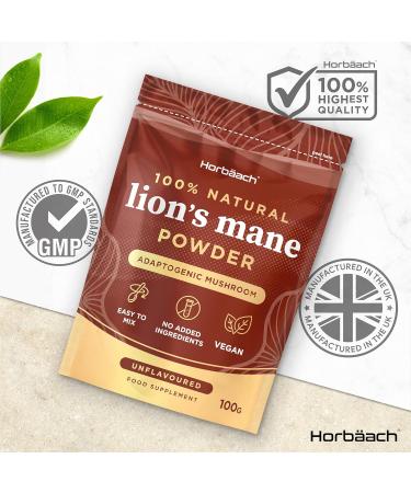 Lions Mane Powder 3000mg | High Strength Mushroom Supplement | 100g - Unflavoured | Vegan & Vegetarian | Horbaach - Buy Online on GoSupps.com