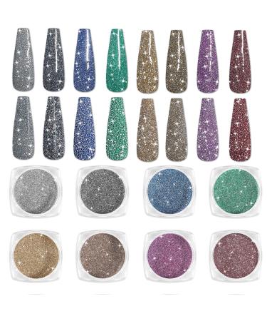 Laza 8 colors diamond nail powder glittering crystal glitter holographic nails glitter dust laser silver mirror effect bright glossy flakes for acrylic nails nail art DIY decoration