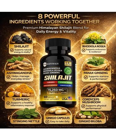Shilajit Capsules Extra Strength | Himalayan Shilajit with Ashwagandha Rhodiola & Panax Ginseng | 8-in-1 Fulvic Acid Mineral Complex | Energy & Vitality Support | 60 Veggie Capsules - Buy Online on GoSupps.com