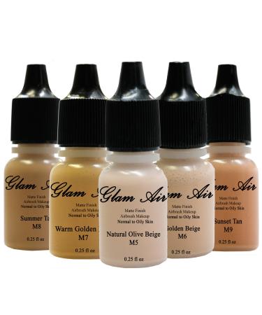 Glam Air Airbrush Water-based Large 0.50 Fl. Oz. Bottles of Foundation in 5 Assorted Medium Matte Shades (For Oily to Normal Skin)