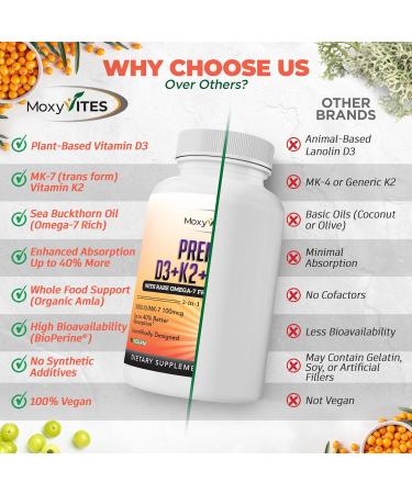 MoxyVites Vitamin D3 K2 5000 IU High Absorption D3 + K2 MK-7 with Sea Buckthorn Oil & Omega-7 Bone, Heart & Immune Support for Women & Men 60 Vegan Capsules - Buy Online on GoSupps.com