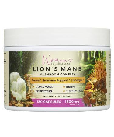 Women's PureBalance Lion's Mane Mushroom Supplement Capsules with Reishi, Cordyceps, Turkey Tail Brain Nootropic for Memory, Focus, Natural Energy, & Immune Support, Non-GMO (120 Capsules)