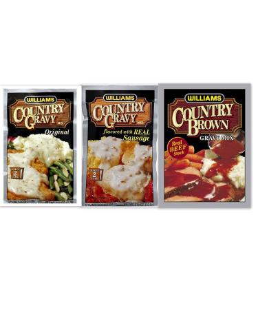 Williams Country Gravy Variety Bundle includes 2-Pack Country Gravy mix flavored with Real Sausage, 2.5 oz + 2-Pack Country Gravy Original Mix, 2.5 oz + 2-Pack Country Brown Mix, 1 oz