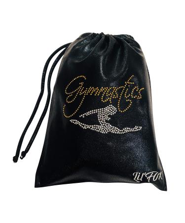 LIL'FOX 8"x10" Drawstring Gymnastics SMALL GRIP BAG 26x20cm | Lightweight Bag for Personal Equipment | Shiny Foil Rhinestones Black/Gold
