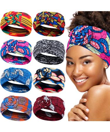 8 Pieces African Headband Elastic Boho Print Headband Sports Hairband Twisted Wide Knotted Headwrap for Black Women (Vibrant Style)