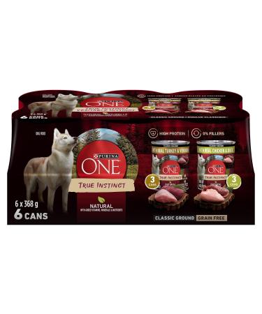 Purina ONE Classic Ground True Instinct Wet Dog Food Variety Pack 2 Flavours - 368 g Can (6 Pack)