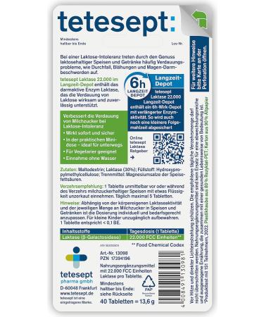 Tetesept Lactase 22 000 Tablets - Fast Relief for Lactose Intolerance | 40-Count Dietary Supplement for Digestive Health - Buy Online on GoSupps.com