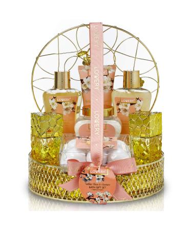 Perfume Set Bath and Body Gift Basket For Women 13pc Set of White Rose & Jasmine Cosmetic and Home Spa Set with Bath Bombs Body Mist Perfume Intricate Gold Perfume Holder and More