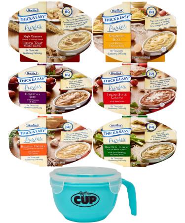 Thick & Easy Pureed Meals Variety, Scrambled Eggs, French Toast, Roasted Chicken, Beef, Lasagna, and Roasted Turkey with By The Cup Serving Bowl