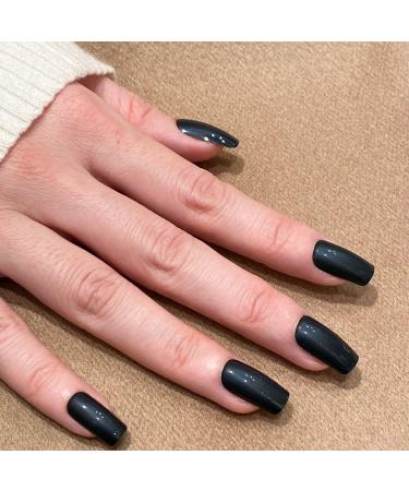 NOVO OVO Medium Square Black Solid Color with Sparkle Thick False Fake Press on Nails FEIJOADA Glossy Stick on Acrylic Kit with Glue for Spring Summer Halloween