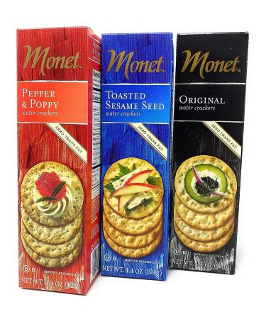 Monet Cracker Variety Bundle | Toasted Sesame Seeds & Pepper Poppy Original | Zero Trans Fat Thins Snack Crackers - 3 Pk 4.4 oz - Buy Online on GoSupps.com