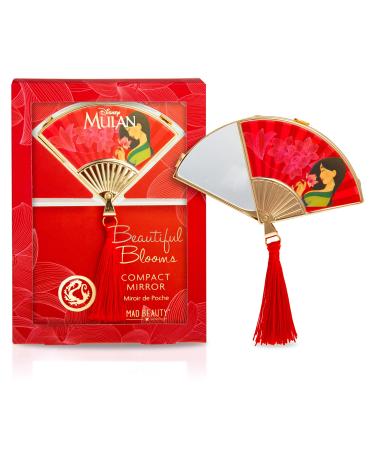 MAD Beauty Disney Mulan Compact Mirror  Vibrant Red Beautiful Blooms Fan Design with Tassels  Gold Accents  Small Slide-Out Mirror  Touch Up Your Make-Up  Gorgeous Gift