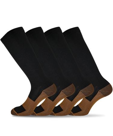 sainberth 4 Pairs Copper Compression Socks Men Women Circulation 15-20mmHg Compression Stocking Athletic Support Socks 8-14 Black