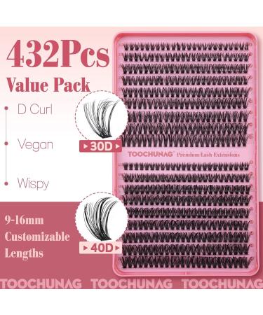 TOOCHUNAG Lash Clusters Kit - 432pcs DIY Eyelash Extension Kit 30D & 40D D Curl Wispy Individual Lashes Includes Bond Seal & Tweezers for Home Use - Buy Online on GoSupps.com