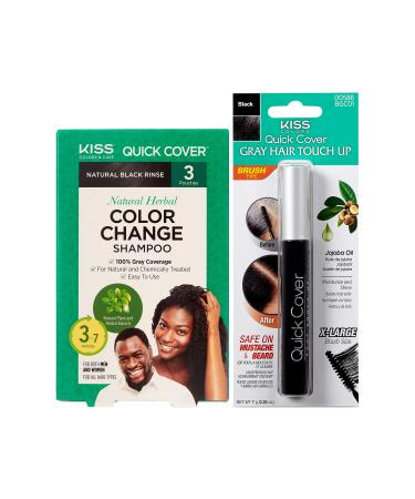 KISS Quick Cover Natural Herbal Color Change Shampoo 3 Pouches (2 PACK #Shampoo&Mascara (Natural Black)) 2 Piece Set #Shampoo&Mascara (Natural Black)