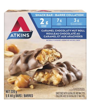 Atkins Snack Bars - Caramel Chocolaty Nut Roll Low Sugar Keto-Friendly High Fibre 2g Sugar 3g Carbs 5ct