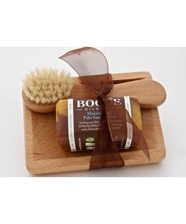 Bogue Goat Milk Soap - No.20 Moisturizing Palo Santo Gift Set  Soothing and skin firming Palo Santo & healing Kukui Nut smooth with antioxidant Babassu oil with facial brush and soap dish