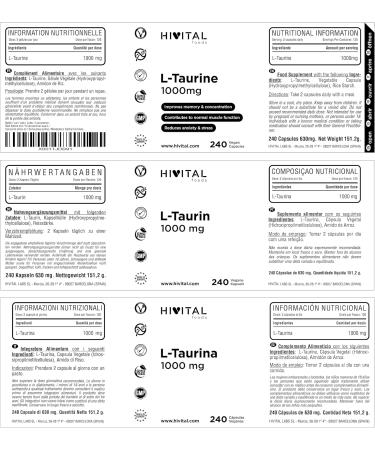 L-Taurine 1000 mg. 240 vegan capsules for 4 months. Taurine is an amino acid that improves memory and concentration fights stress and anxiety and increases strength and endurance. - Buy Online on GoSupps.com