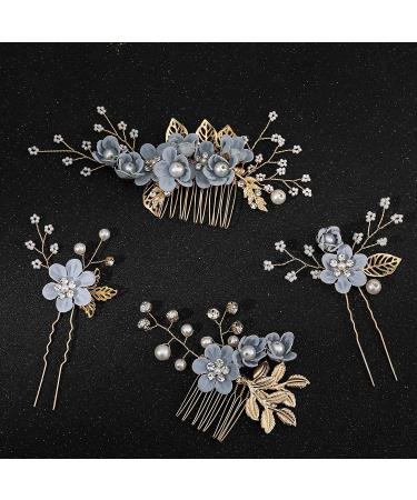 Rhinestone Wedding Hair Comb Set - Pearl Crystal Bride Accessories in Rose Gold - Grey - Set of 4 - Buy Online on GoSupps.com
