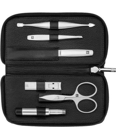 ZWILLING 6 Piece Premium Black Cowhide Leather Zip Manicure Set with Compact Nail Clippers