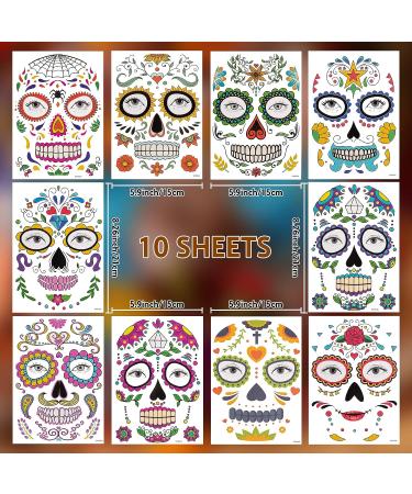 Day of the Dead Face Tattoos - 10 Sugar Skull Floral Designs for Halloween Party - Temporary Full Face Stickers for Adults & Kids - Buy Online on GoSupps.com