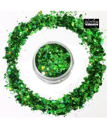 Green Holographic Chunky Glitter | Festival Makeup & Beauty | GLITTERWAREHOUSE 20g Loose Cosmetic Glitter for Face Body Hair Nails & Lips - Buy Online on GoSupps.com