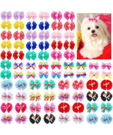 Mruq pet 80Pcs Dog Hair Bows, Bulk Multicolored Puppy Dog Bows with Rubber Bands, Mix Pet Tiny Dog Grooming Lace Bows with Rhinestones and Pearl, Small Dog Bows for Dog Cat Hair Accessories Mix dog bows-80pcs