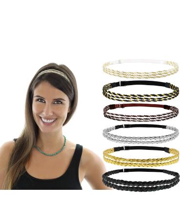 Beaute Galleria 6 Pieces Adjustable Elastic Braided Plaited Women Headbands Hair Band with Double Braided and Triple Strand Twisted Gold Silver Disco Hippie Boho Bohemian Style Hair Accessory