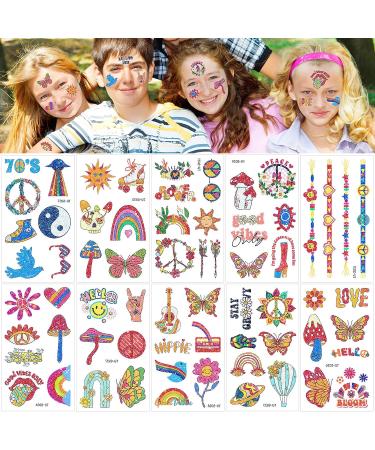 20 Sheets FANOST Glitter Hippie Temporary Tattoos for Kids - Assorted Groovy 70s Love and Peace Designs - Waterproof Fake Tie Dye Tattoos for Girls - Party Favors - Buy Online on GoSupps.com