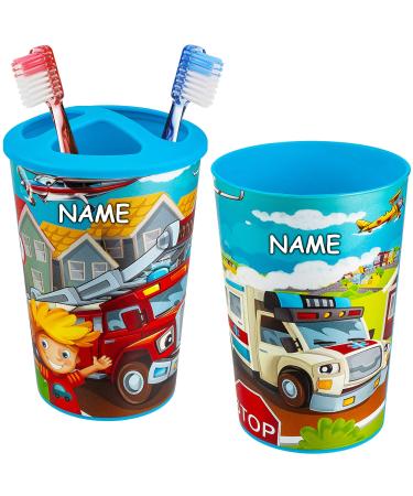 alle-meine.de GmbH Bathroom set: toothbrush holder + children's toothbrush cup - car - vehicles & fire brigade - incl. Name - toothbrush set - toothbrush cup - for toothbrush - Bechen .. by name