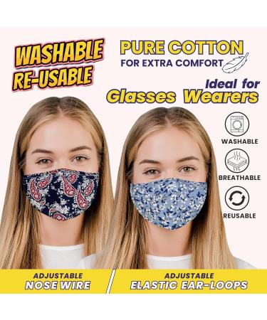 Washable Floral Face Masks for Women with Nose Wire | 3 Layers Cotton | Filter Pocket | Adjustable Ear Loops | Pack of 2 - Buy Online on GoSupps.com