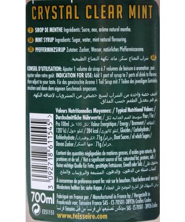 Mathieu Teisseire Crystal Mint Syrup for Cocktails Mocktails Coffee Milkshakes Chocolates 70cl Bottle - Buy Online on GoSupps.com