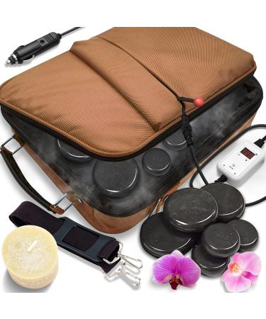 SereneLife Portable Massage Stone Warmer Set - Electric Spa Hot Stones Massager and Heater Kit with 6 Large and 6 Small Round Shaped Basalt Massaging Rocks, Digital Controller Heating Bag Brown