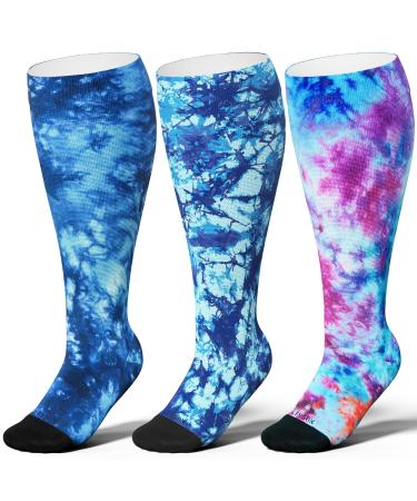 Levsox compression stockings in oversize wide calf sock for women and men 15 20 mmHg knee high nurses pregnant women travel 3 pairs/blue mix pressure