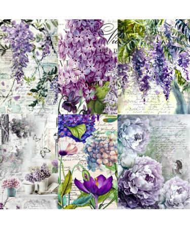 Lilac Theme Mulberry Rice Paper, 8 x 10.5 inch - 6 x Different Printed Mulberry Paper Images 30gsm Visible Fibres for Decoupage Crafts Mixed Media Collage Art