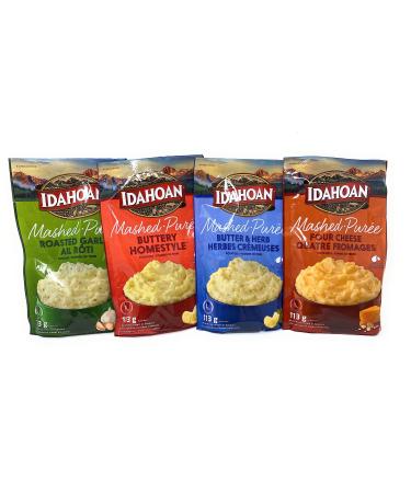 Idahoan Mashed Potatoes Bundle of 4 Variety Pack - Buttery Mashed Four Cheese Mashed Butter & Herb Mashed Roasted Garlic Mashed