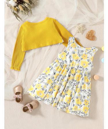 Puseky Toddler Girl Floral Print Sleeveless Dress and Ribbed Cardigan Set - 18-24 Months Yellow - Buy Online on GoSupps.com