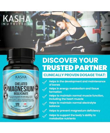 KASHA Nutrition Chelated Magnesium Bisglycinate / Glycinate - 200 mg of Elemental Magnesium | Proudly Canadian | Non-GMO Vegan Soy Free | Non-Habit Forming - Maintains Effectiveness over Long-Term. Appropriate for Daily Use. Vegetarian. (120 Count) 120 co - Buy Online on GoSupps.com