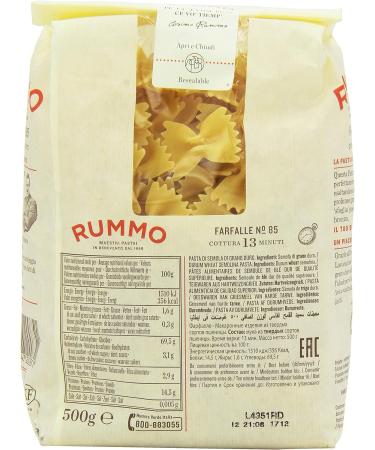 Rummo Farfalle No. 85 Authentic Italian Pasta Made with Durum Semolina Wheat 500g (Pack of 1) - Buy Online on GoSupps.com