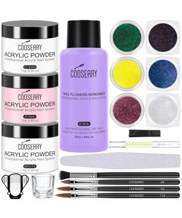 Cooserry Acrylic Powder and Monomer Liquid - Professional Acrylic Nail Kit 1.69oz Monomer for Nail Supplies with Nail Diamond Powder Acrylic Nail Brush for Nail Art Starter Extension Glitter